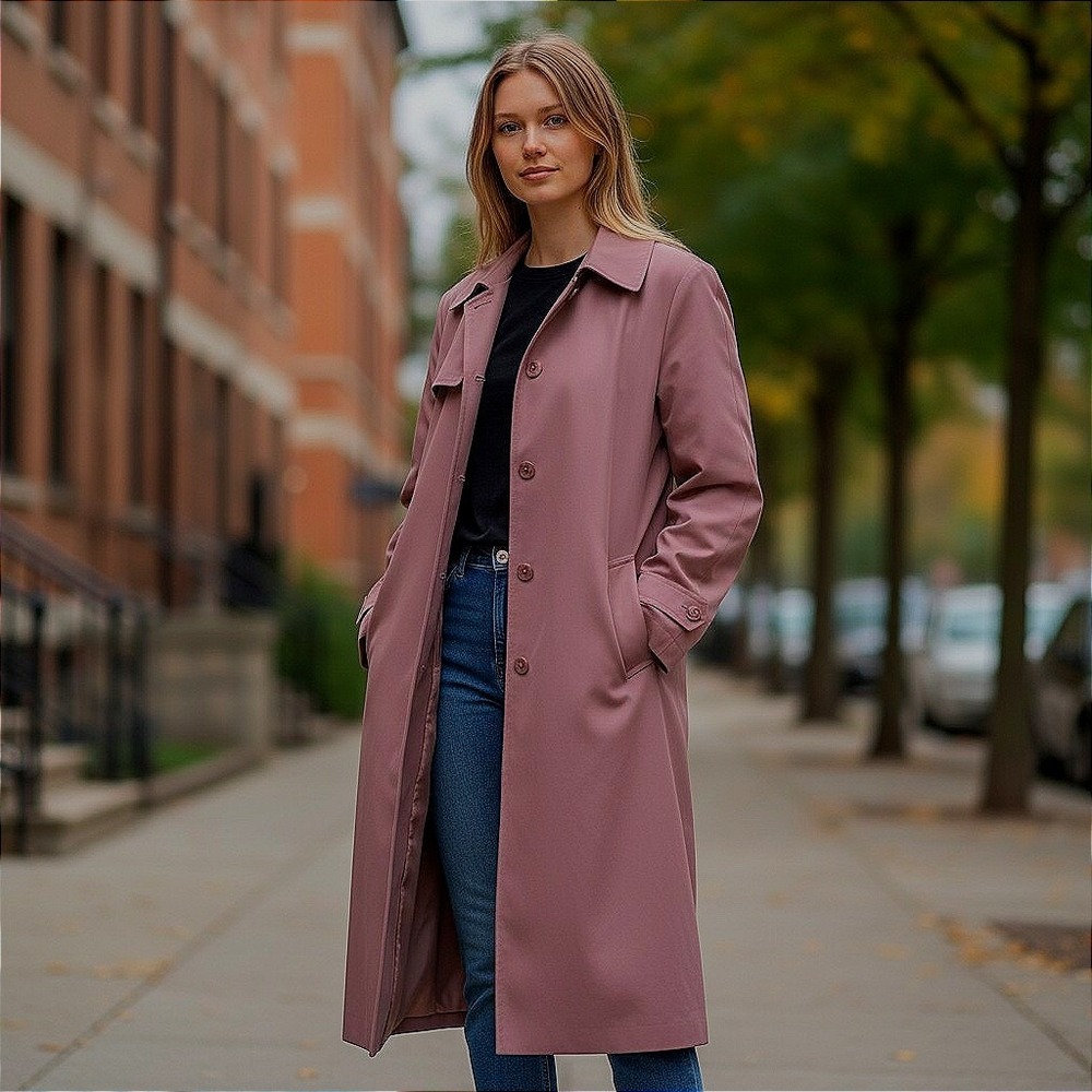 Vintage London Fog Trench Coat Mauve Plaid Removable Liner Made in USA Sz. 10